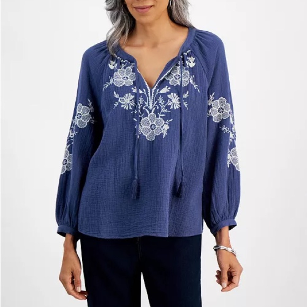 Embroidered Navy Blue Women's Top
